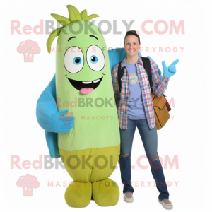 Turquoise Asparagus mascot costume character dressed with a Boyfriend Jeans and Backpacks
