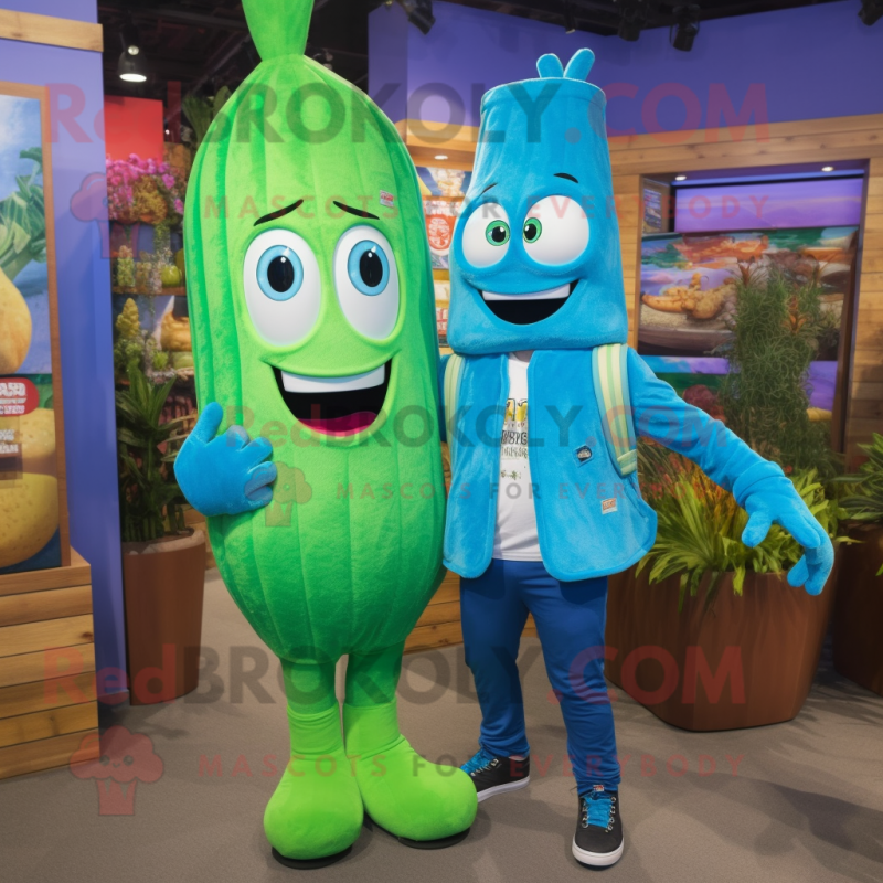 Turquoise Asparagus mascot costume character dressed with a Boyfriend Jeans and Backpacks Turquoise Asparagus mascot costume character dressed with a Boyfriend Jeans and Backpacks