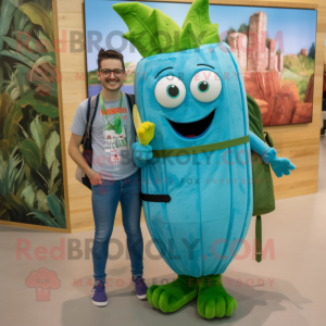 Turquoise Asparagus mascot costume character dressed with a Boyfriend Jeans and Backpacks
