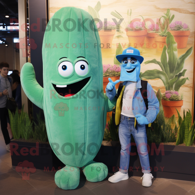Turquoise Asparagus mascot costume character dressed with a Boyfriend Jeans and Backpacks Turquoise Asparagus mascot costume character dressed with a Boyfriend Jeans and Backpacks