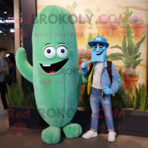 Turquoise Asparagus mascot costume character dressed with a Boyfriend Jeans and Backpacks