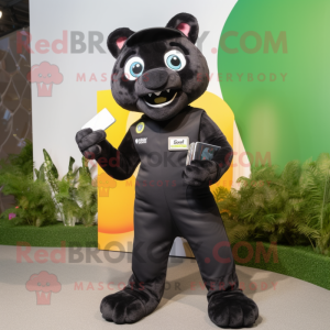 Black Puma mascot costume character dressed with a Overalls and Wallets