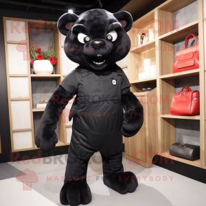 Black Puma mascot costume character dressed with a Overalls and Wallets