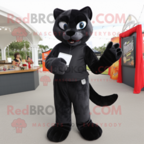 Black Puma mascot costume character dressed with a Overalls and Wallets