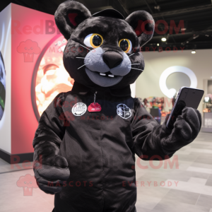 Black Puma mascot costume character dressed with a Overalls and Wallets