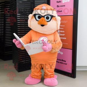 Orange Pink mascot costume character dressed with a Henley Shirt and Reading glasses