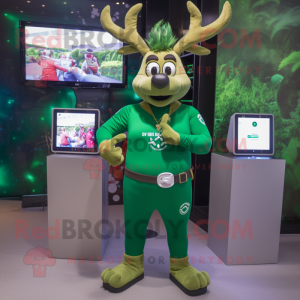 Forest Green Elk mascot costume character dressed with a Playsuit and Smartwatches