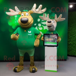 Forest Green Elk mascot costume character dressed with a Playsuit and Smartwatches