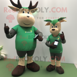 Forest Green Elk mascot costume character dressed with a Playsuit and Smartwatches