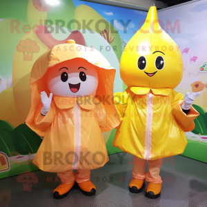 Peach Fried Rice mascot costume character dressed with a Raincoat and Cummerbunds