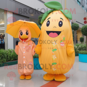 Peach Fried Rice mascot costume character dressed with a Raincoat and Cummerbunds