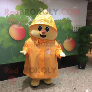 Peach Fried Rice mascot costume character dressed with a Raincoat and Cummerbunds