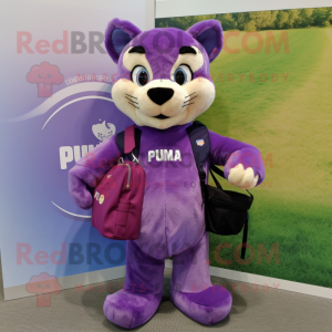 Purple Puma mascot costume character dressed with a Waistcoat and Tote bags