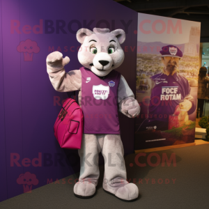 Purple Puma mascot costume character dressed with a Waistcoat and Tote bags