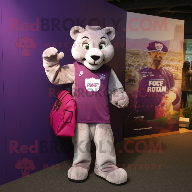 Purple Puma mascot costume character dressed with a Waistcoat and Tote bags