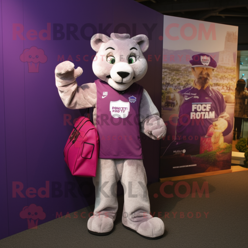 Purple Puma mascot costume character dressed with a Waistcoat and Tote bags Purple Puma mascot costume character dressed with a Waistcoat and Tote bags