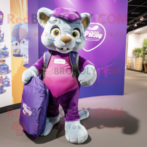 Purple Puma mascot costume character dressed with a Waistcoat and Tote bags