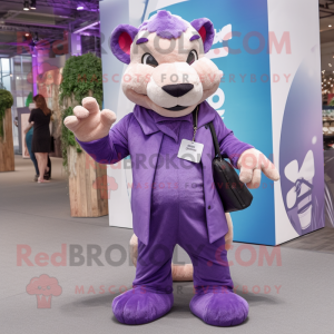 Purple Puma mascot costume character dressed with a Waistcoat and Tote bags