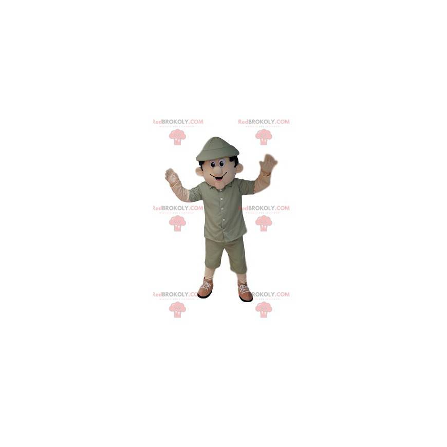 Homem mascote com roupa de safári caqui - Redbrokoly.com Homem mascote com roupa de safári caqui - Redbrokoly.com