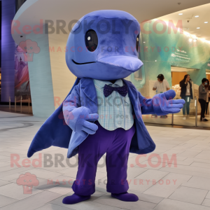 Lavender Whale mascot costume character dressed with a Jeans and Bow ties