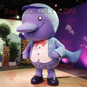 Lavender Whale mascot costume character dressed with a Jeans and Bow ties