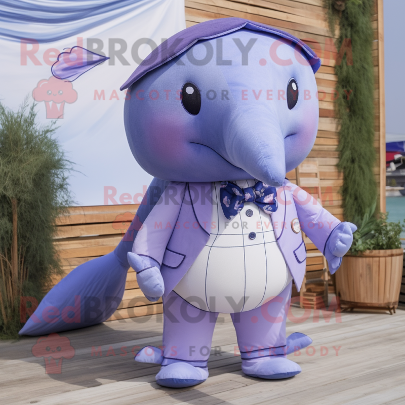 Lavender Whale mascot costume character dressed with a Jeans and Bow ties Lavender Whale mascot costume character dressed with a Jeans and Bow ties