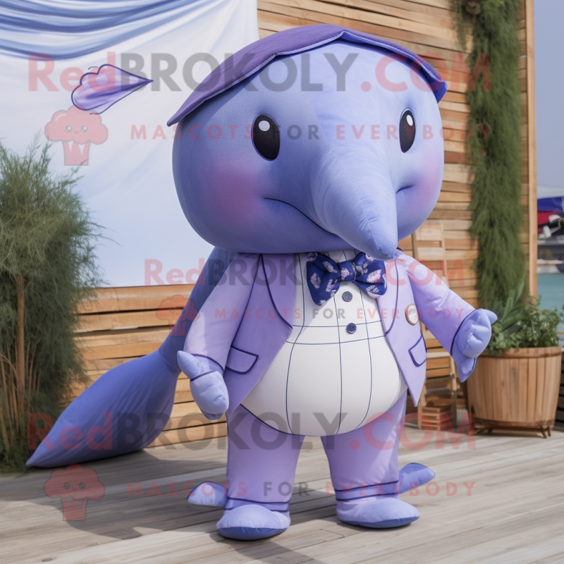 Lavender Whale mascot costume character dressed with a Jeans and Bow ties