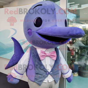 Lavender Whale mascot costume character dressed with a Jeans and Bow ties