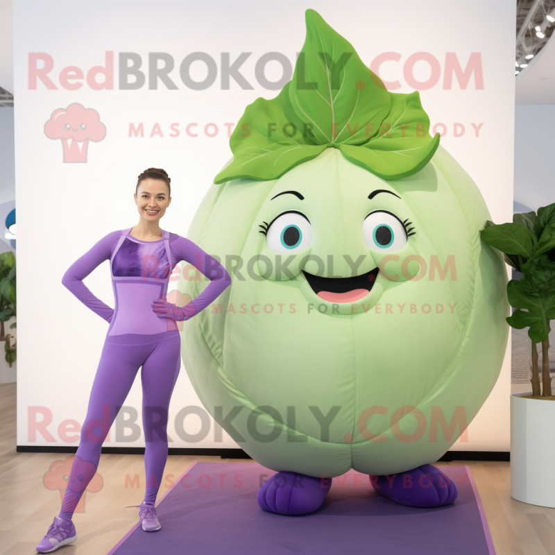 Lavender Cabbage Leaf mascot costume character dressed with a Yoga Pants and Earrings