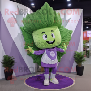 Lavender Cabbage Leaf mascot costume character dressed with a Yoga Pants and Earrings