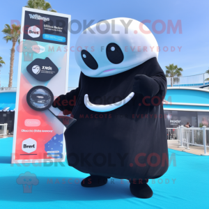 Black Beluga Whale mascot costume character dressed with a Cover-up and Coin purses