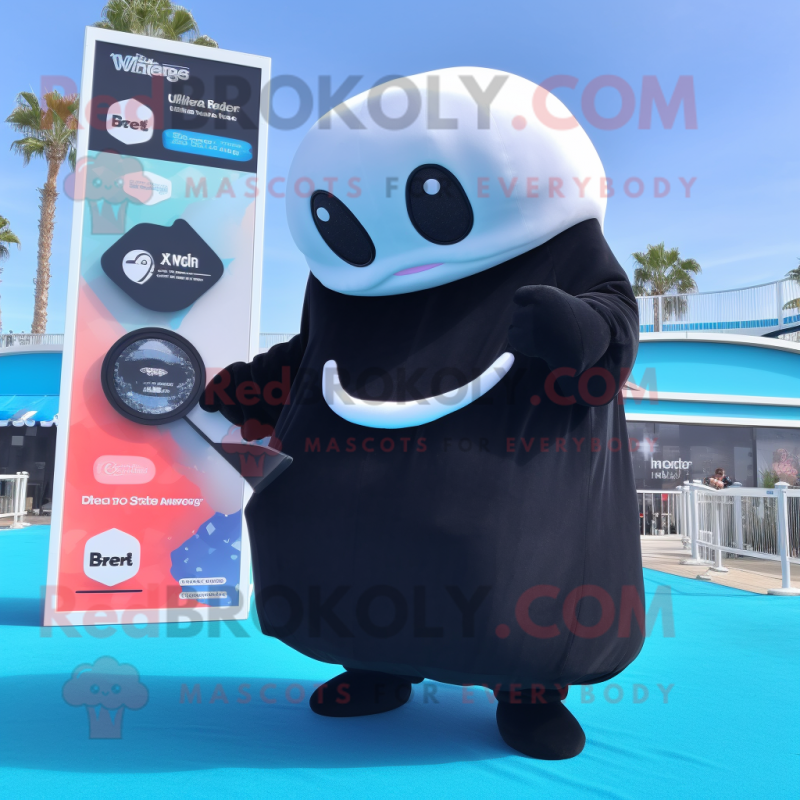 Black Beluga Whale mascot costume character dressed with a Cover-up and Coin purses Black Beluga Whale mascot costume character dressed with a Cover-up and Coin purses