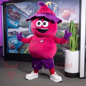 Magenta Grape mascot costume character dressed with a Bermuda Shorts and Beanies