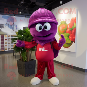 Magenta Grape mascot costume character dressed with a Bermuda Shorts and Beanies