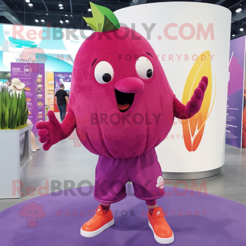 Magenta Grape mascot costume character dressed with a Bermuda Shorts and Beanies Magenta Grape mascot costume character dressed with a Bermuda Shorts and Beanies