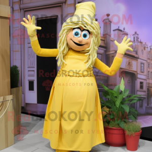 Yellow Spaghetti mascot costume character dressed with a Evening Gown and Berets