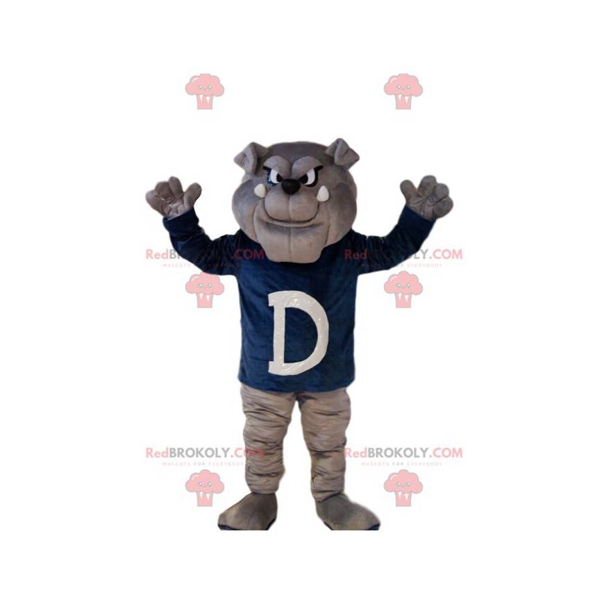Gray bull-dog mascot with a cruel look, with a navy jersey -
