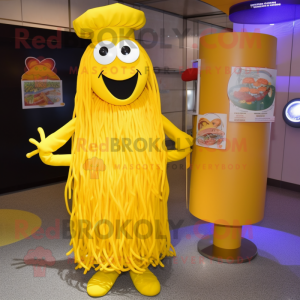 Yellow Spaghetti mascot costume character dressed with a Evening Gown and Berets