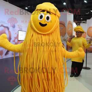 Yellow Spaghetti mascot costume character dressed with a Evening Gown and Berets