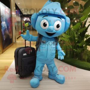 Sky Blue Pho mascot costume character dressed with a Cargo Pants and Backpacks