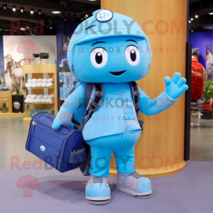 Sky Blue Pho mascot costume character dressed with a Cargo Pants and Backpacks