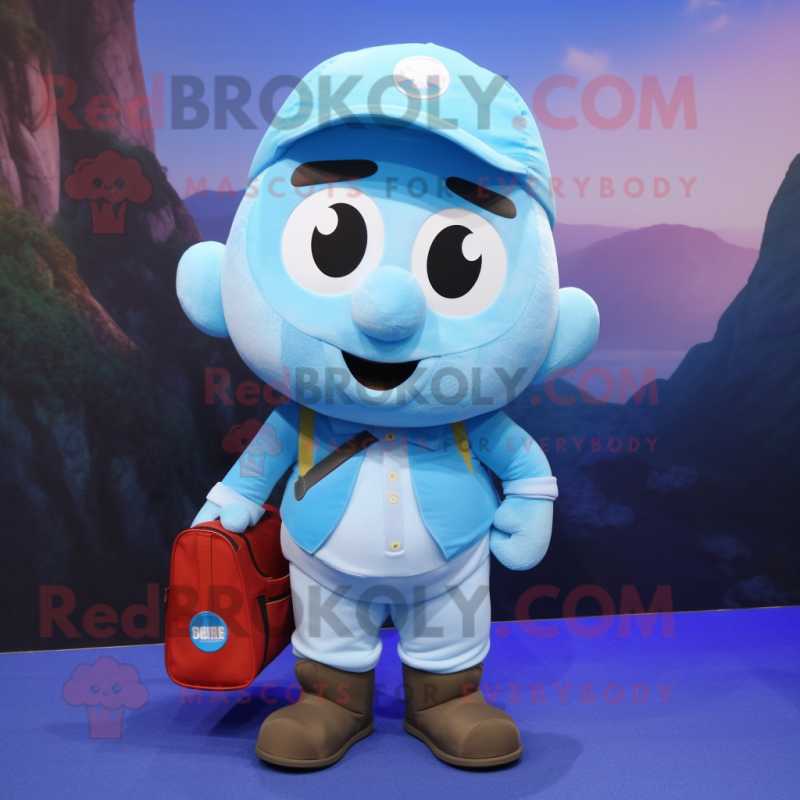 Sky Blue Pho mascot costume character dressed with a Cargo Pants and Backpacks Sky Blue Pho mascot costume character dressed with a Cargo Pants and Backpacks