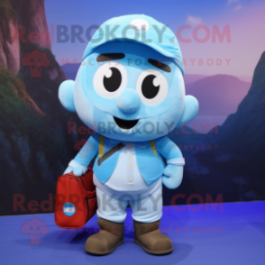Sky Blue Pho mascot costume character dressed with a Cargo Pants and Backpacks