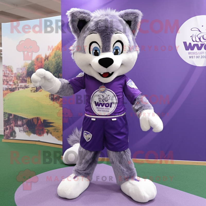 Purple Say Wolf mascot costume character dressed with a Playsuit and Shoe clips Purple Say Wolf mascot costume character dressed with a Playsuit and Shoe clips
