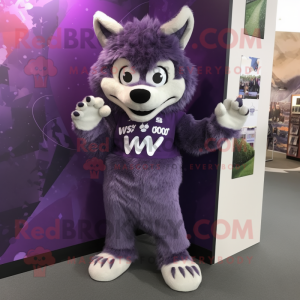 Purple Say Wolf mascot costume character dressed with a Playsuit and Shoe clips