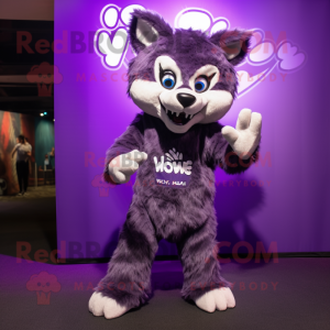 Purple Say Wolf mascot costume character dressed with a Playsuit and Shoe clips