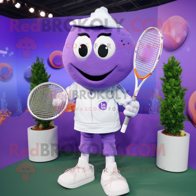 Lavender Tennis Racket mascot costume character dressed with a Sweatshirt and Shawls Lavender Tennis Racket mascot costume character dressed with a Sweatshirt and Shawls