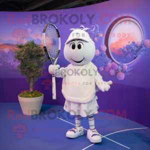 Lavender Tennis Racket mascot costume character dressed with a Sweatshirt and Shawls