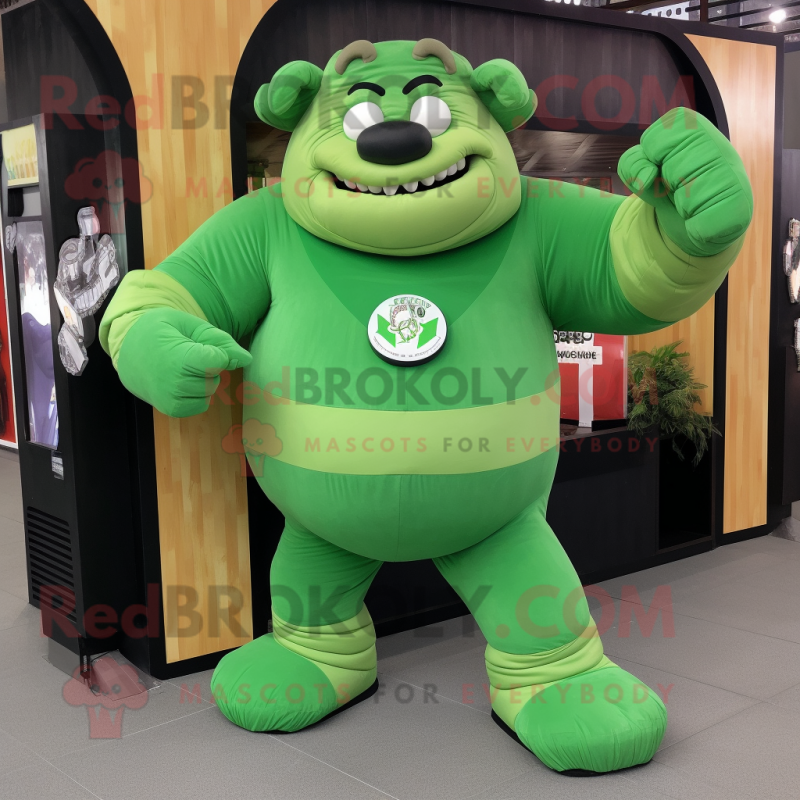 Green Strongman mascot costume character dressed with a Romper and Messenger bags