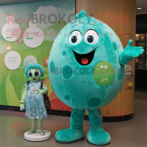 Teal Melon mascot costume character dressed with a Blouse and Coin purses